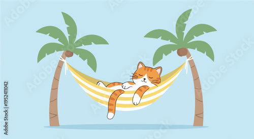 Adorable orange cat relaxing peacefully in yellow striped hammock between two palm trees beach
