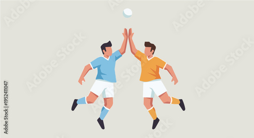 Two energetic young men jumping high five to celebrate volleyball ball during beach sports game