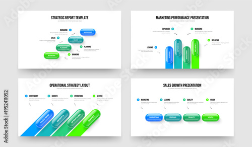 Visual Forecast Four Element Infographic Slide Layout Vector Illustration Collection. Company Growth 4 Option Diagram Frame Design Bundle.