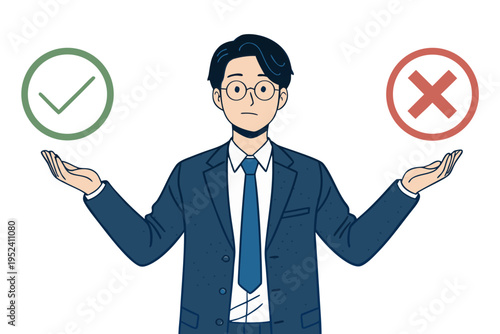 Businessman choosing between right or wrong options, true or false concept illustration on transparent Background. Business dilemma and ethical choice concept: man with yes or no symbols vector.
