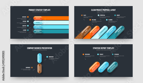 Creative Review Four Five Two Three Step Infographic Slide Design Vector Illustration Bundle. Digital Showcase 4 5 2 3 Option Diagram Slideshow Layout Collection.