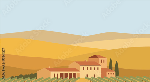 Rolling yellow hills houses vineyard rows blue sea
