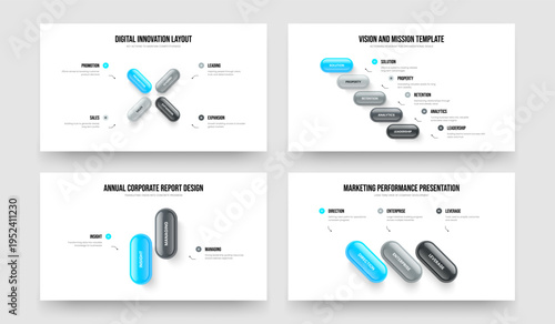 Modern Planning 4 5 2 3 Element Diagram Slideshow Template Bundle. Advertising Review Four Five Two Three Step Infographic Frame Layout Vector Illustration Set.