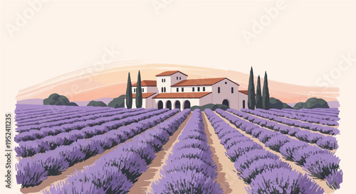 Lavender field white house sunset warm orange sky
