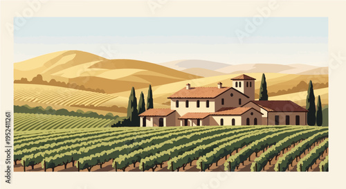 Vineyard house cypress trees rolling hills sunny view