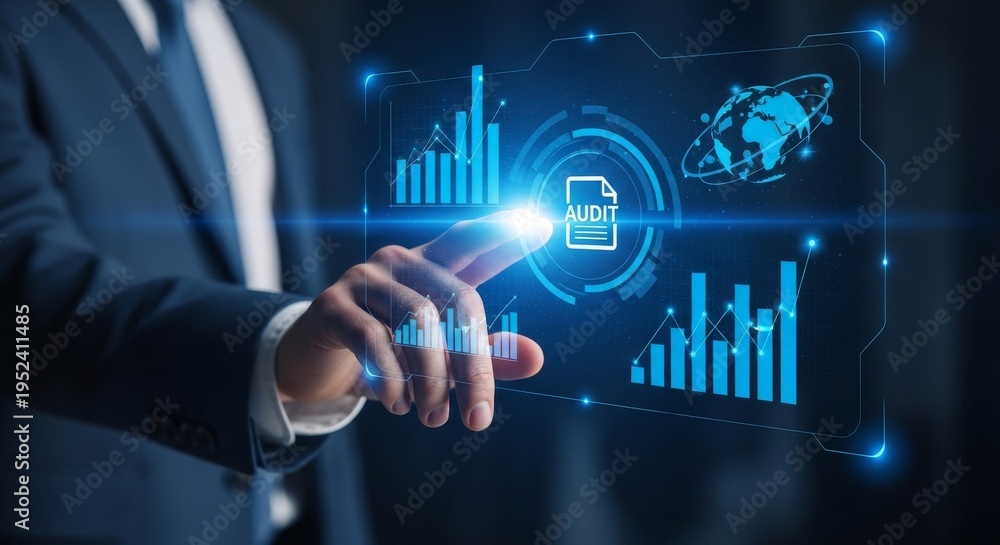 Fototapeta premium Business professional touching AI technology interface with global data analytics hologram