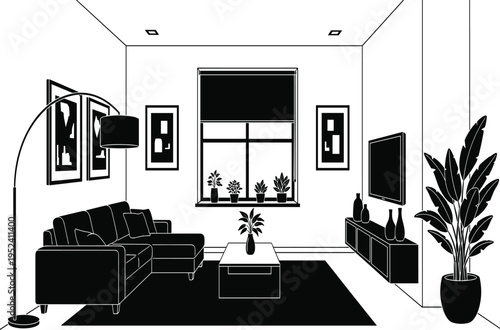 Modern Living Room Interior Vector Illustration Featuring a Large Sectional Sofa Coffee Table Window House Plants and Wall Art Decor