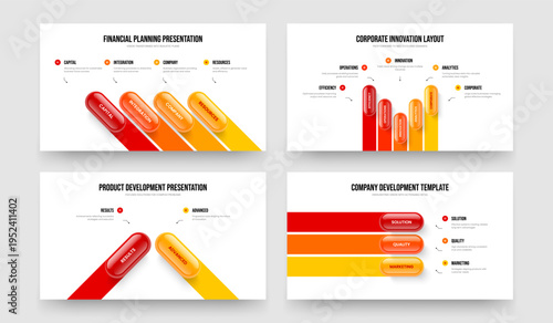 Market Proposal Four Five Two Three Option Diagram Presentation Template Vector Illustration Set. Product Growth 4 5 2 3 Element Infographic Frame Layout Bundle.
