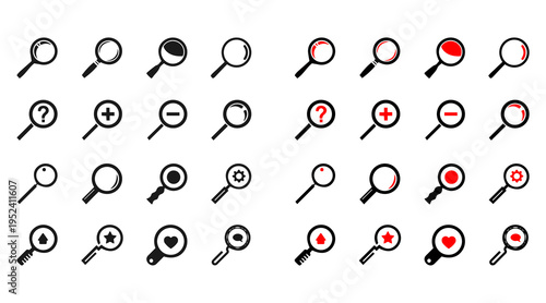 Search icon set. Containing magnifying glass, find, research, SEO and investigate icons. Solid icon collection. Vector illustration.