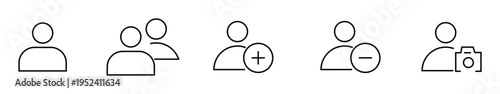 A set of five line icons depicting various user and group interactions including single user, two users, adding a user, removing a user, and a user with a camera