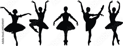 Graceful Classical Ballet Dancer Silhouettes Set, Professional Ballerina Poses, Tutu Figures, Artistic Performance Dance Collection, Elegant Female Stretches for Graphic Design.