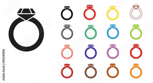 Black diamond engagement ring icon with a collection of colorful ring icons in a grid pattern on a white background.