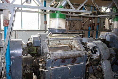 Close up of industrial flour mill machinery for grain processing