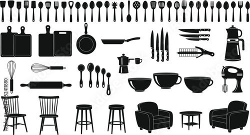 Kitchen Utensils and Home Furniture Silhouette Collection, Culinary Tools Icons, Household Items Set, Interior Design Elements, Cooking Equipment Graphics for Illustration.