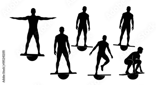 Silhouette of a man practicing balance board exercises, demonstrating various poses.