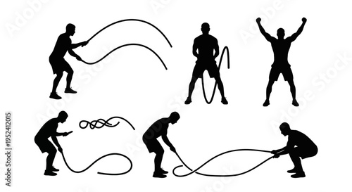 Fitness Silhouette Set: Man Exercising with Battle Ropes