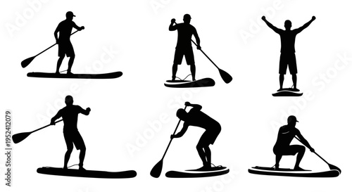 Stand Up Paddleboard Silhouettes: Diverse Poses of SUP Surfing and Paddling