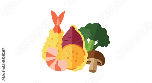 A vibrant, flat-design illustration of a Japanese dish features a shrimp tempura, sweet potato, vegetables, and mushroom on white