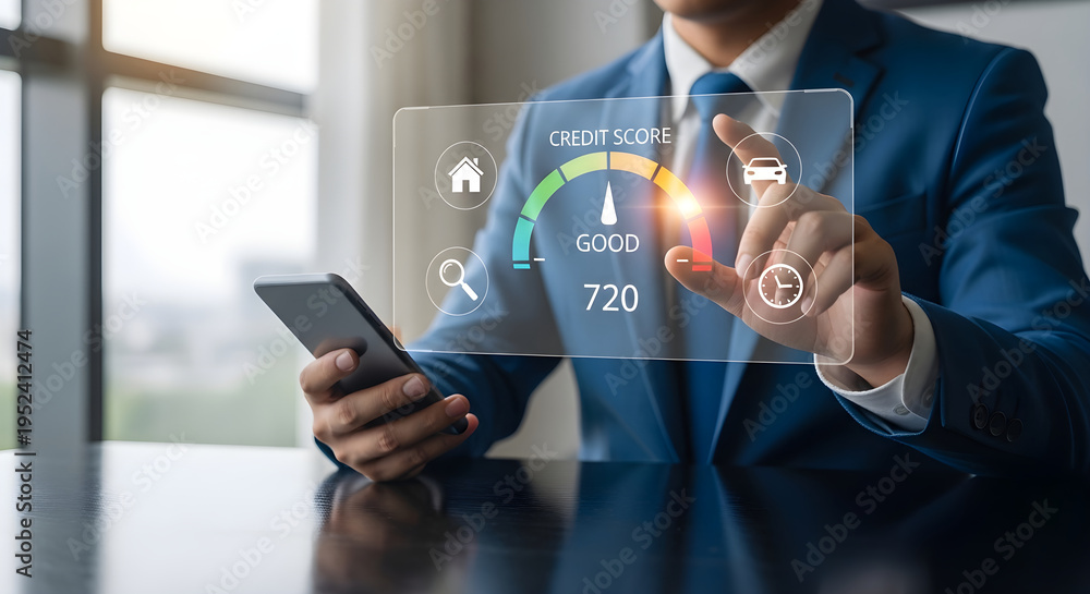 Obraz premium Businessman in blue suit interacts with futuristic interface on phone indoors