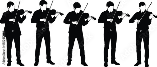 Professional Male Violinist Silhouettes Collection, Classical Musician Poses, Violin Player Figures, Orchestral Performance Set, Artistic String Instrument Graphics for Design Projects.