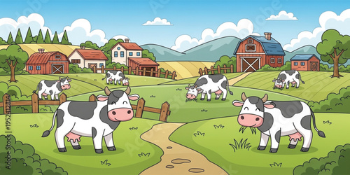 Happy Dairy Cows Grazing on Green Pasture in Rural Farm Landscape with Barn Houses Fences and Rolling Hills Countryside Vector Illustration