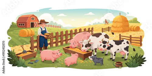 Happy Farmer Feeding Farm Animals Including Cows and Pigs in Rural Barnyard with Hay Bales Barn Fence and Countryside Farming Vector Illustration