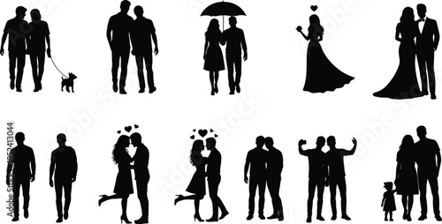 Romantic couple silhouettes set, wedding pairs, gay and lesbian lovers, family with child, walking with dog, vector illustrations for dating, love.