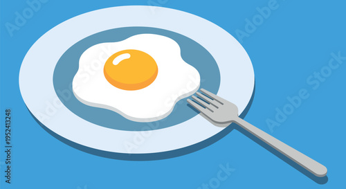 Fried egg on plate with fork flat vector illustration