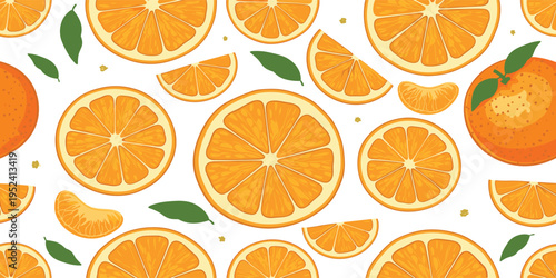 Orange Fruit Seamless Pattern with Whole Oranges, Citrus Slices, Segments and Green Leaves Vector Illustration for Fresh Food Packaging and Summer Background