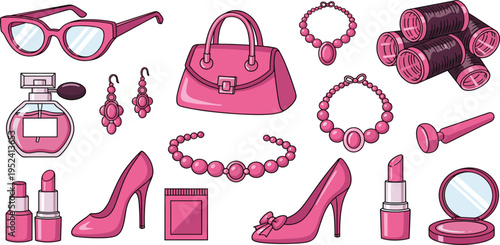 Pink Fashion Accessories Set with Handbag, High Heel Shoes, Sunglasses, Lipstick, Perfume, Jewelry and Makeup Items for Beauty and Glamour Design