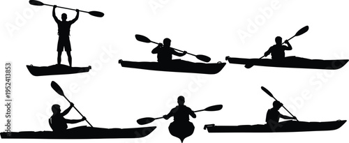 Set of black silhouettes showing people kayaking in different poses, including standing, paddling, and rowing, isolated on a white background.