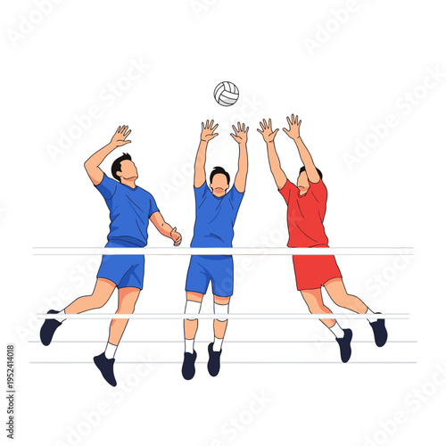 Volleyball players jumping to spike and block ball during match, action illustration