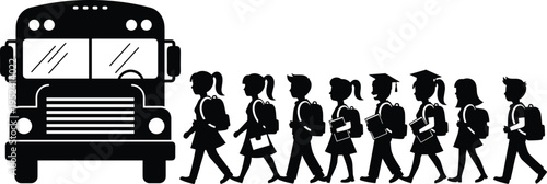 School Bus and Students Silhouette, Kids Walking in Line, Back to School Vector, Graduation Figures, Education Transport, Children with Backpacks.