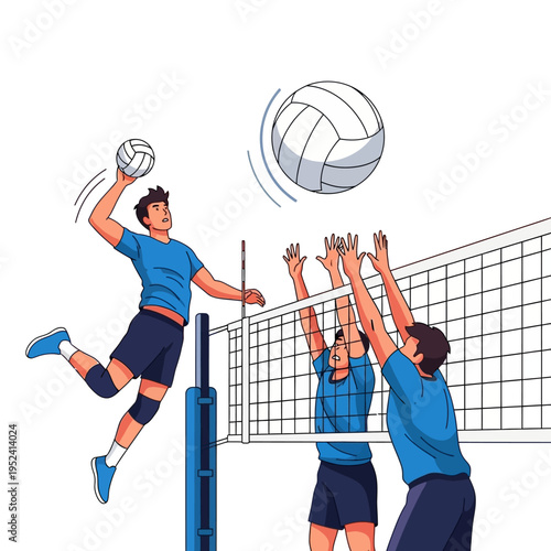 Volleyball players jumping to spike and block ball over net, action illustration