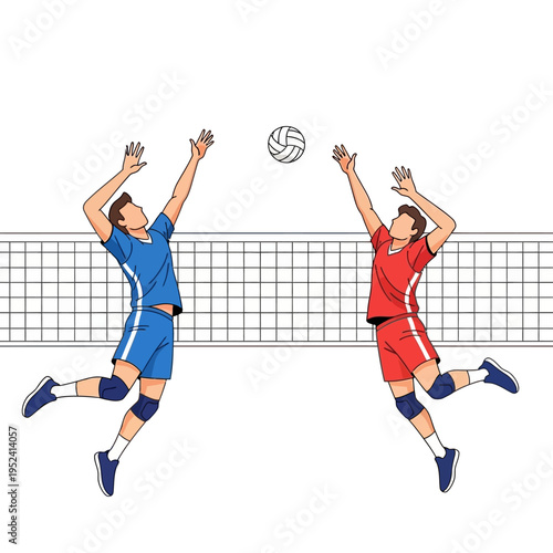 Volleyball Players Jumping to Spike and Block Ball Over Net