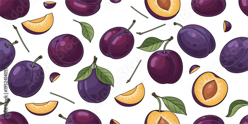 Plum Fruit Seamless Pattern with Whole Plums, Slices, Seeds, Leaves and Stems Vector Illustration for Fresh Food Packaging and Summer Fruit Background