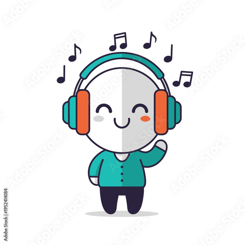 Happy Character Listening to Music with Headphones and Musical Notes
