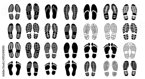 Footprint and shoe print set with various sole track icons