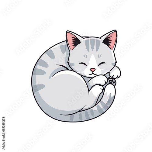 Cute Cartoon Cat Sleeping Curled Up, Kawaii Style, Adorable Pet Animal Illustration
