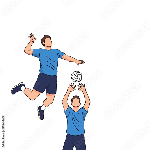 Two men playing volleyball, one jumping to spike, the other setting the ball