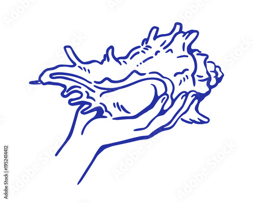 Sea shell in hand. Holding conch seashell, drawn marine souvenir, outline doo...
