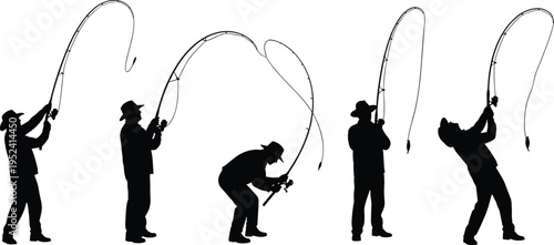 Set of fisherman silhouettes showing various poses of casting fishing rods and catching fish during outdoor leisure activity on white background.