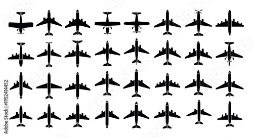 Airplane silhouette set with various aircraft top view icons