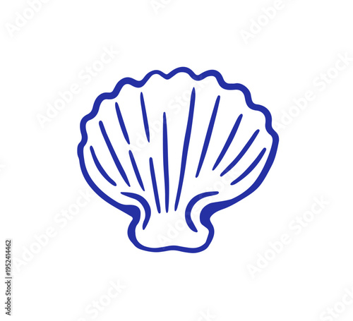 Scallop shell, outline doodle drawing. Seashell, sea coastal mollusk, contour...