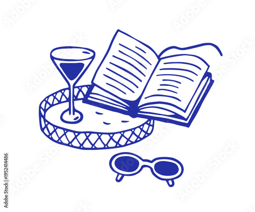 Open book, cocktail and sunglasses. Summer holiday, Italian sea resort vacati...
