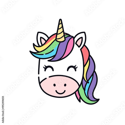 Cute cartoon unicorn head with rainbow mane and horn, isolated on white background.