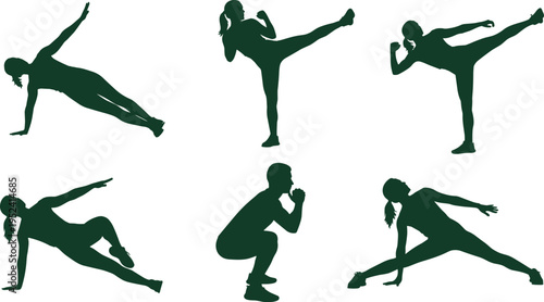 Set of green fitness silhouettes featuring female athletes performing side planks, squats, lunges, and high kicks for martial arts workout routines.
