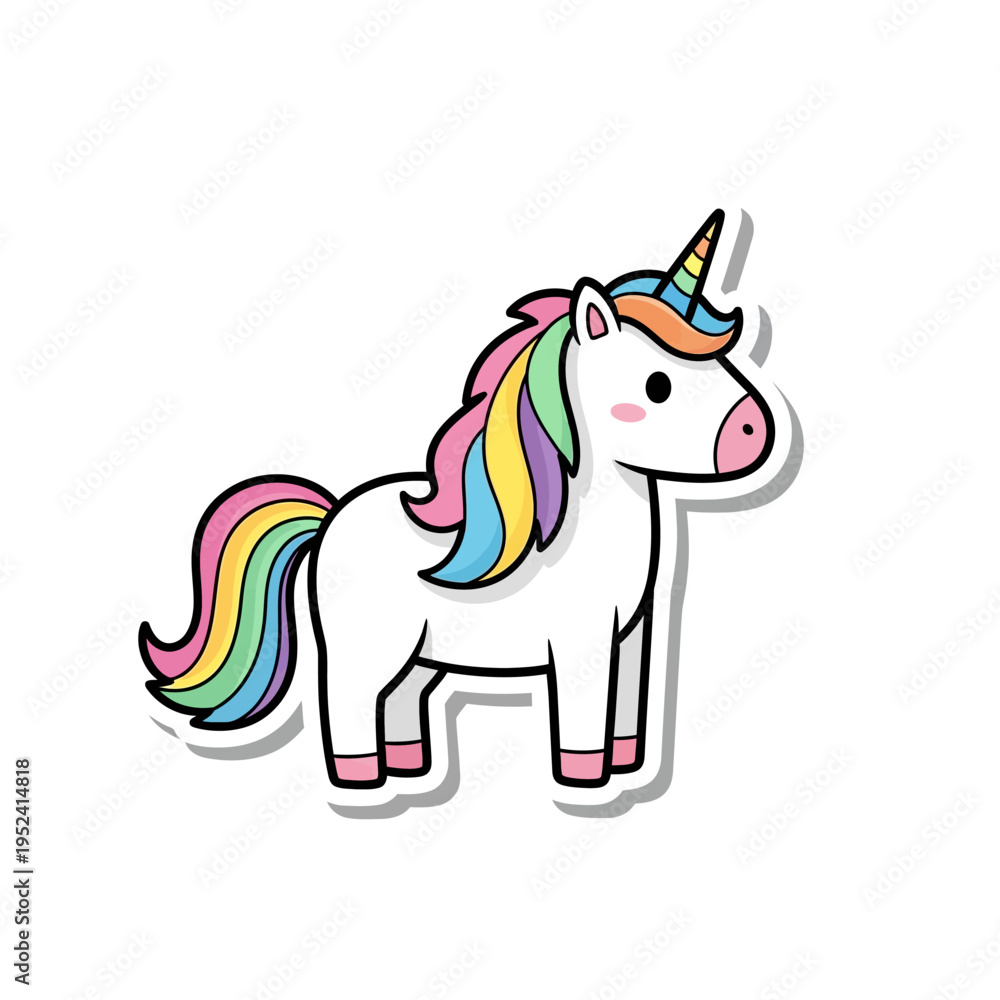 Fototapeta premium Cute cartoon unicorn with rainbow mane and tail, sticker style