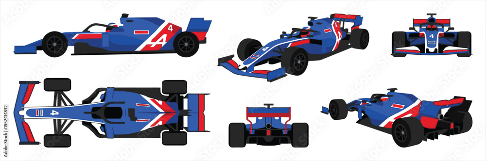 Naklejka premium Multiple Views of a Blue and Red Formula 1 Race Car on a White Background