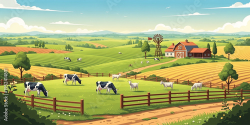 Scenic Rural Farm Landscape with Grazing Cows Barn Windmill and Rolling Agricultural Fields Peaceful Countryside Farming Panorama Vector Illustration